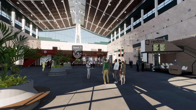 A realistic render of an event hall with stands and people